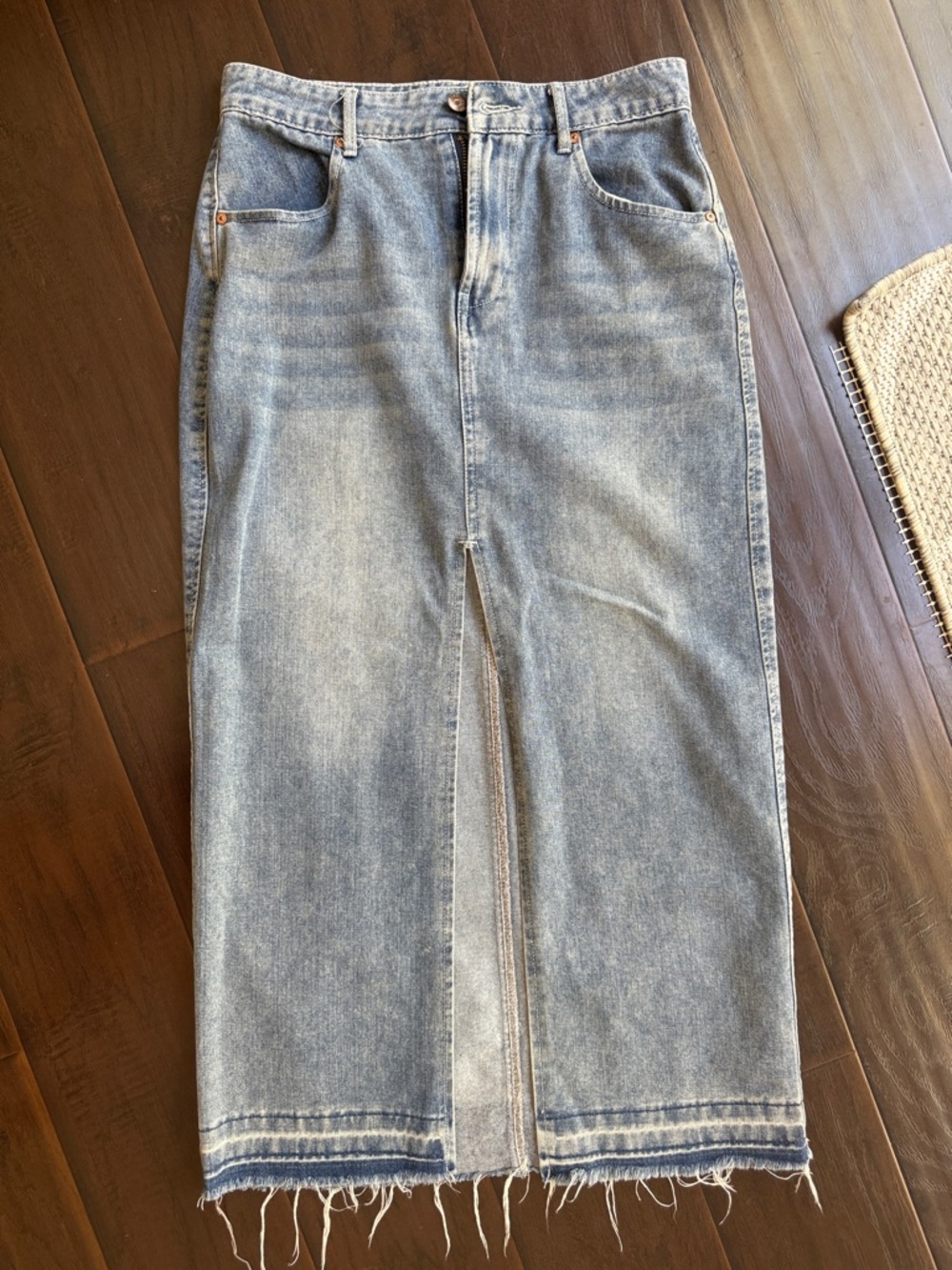 Light Wash Denim Maxi Skirt with Front Slit (Happily Grey)
